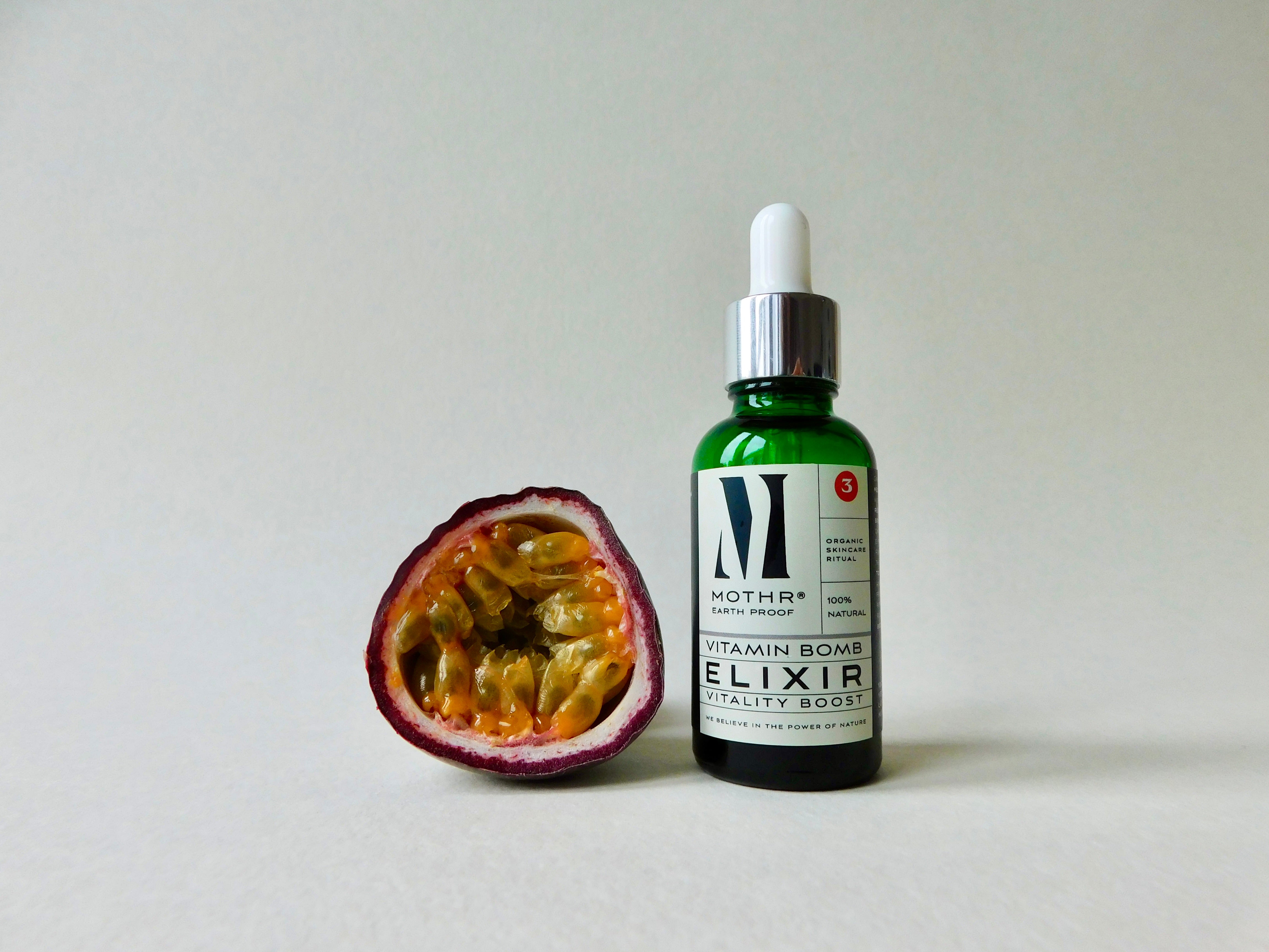 STEP 3 VITAMIN BOMB elixir - to seal in moisture - green glass bottle - passion fruit seeds 